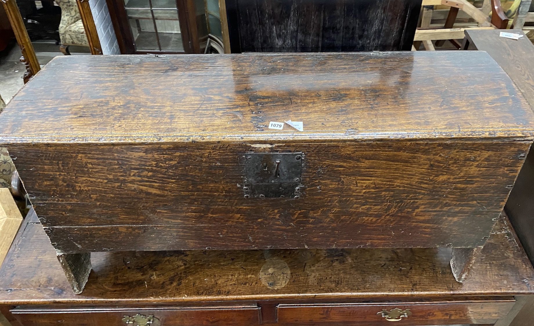 A late 17th century Sussex oak six plank coffer, length 122cm, depth 39cm, height 61cm